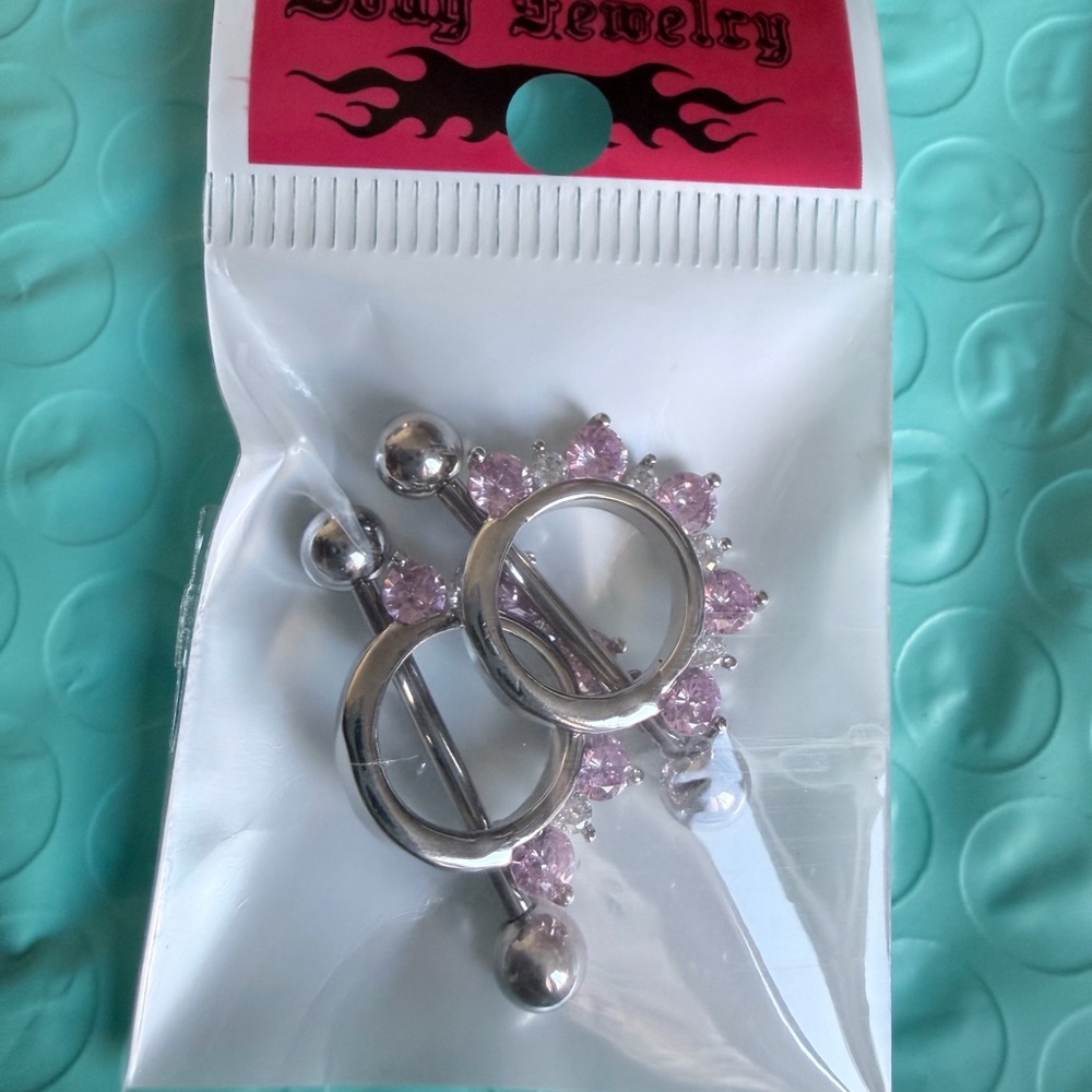 Unbranded Pink Crystal Silver Nipple Shield Set